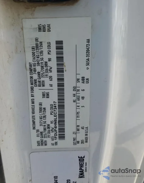 2020 Ford F450 Super Duty из США, поврежденный, VIN 1FDUF4HN6LEC72417